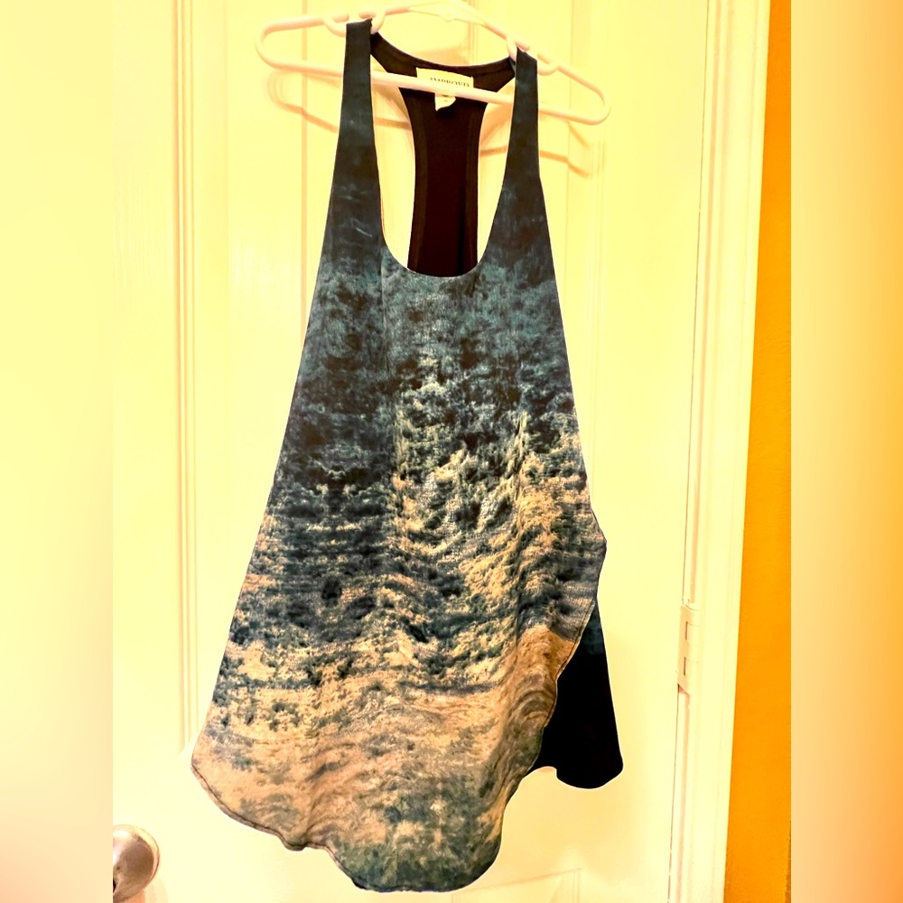 Improvd blue and light tan beautiful watercolor racerback top, size small